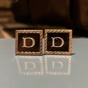 Vintage Swank stamped Letter “D” initial silver black inlay cufflinks tuxedo